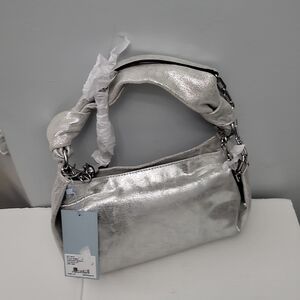 Antonio Melani Metallic Leather Gunmetal Hardware Crescent Shoulder Bag